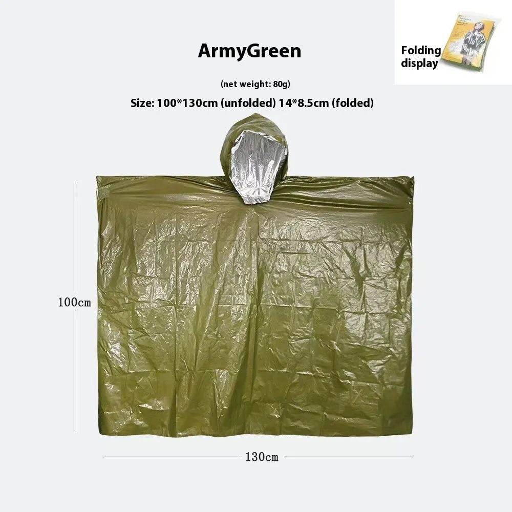 Wild Cross-country Multifunctional Raincoat in orange and army green colours, laid flat showing 100x130cm size.