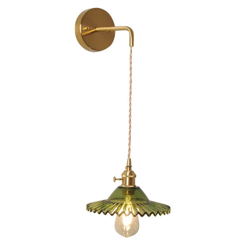 Retro brass lotus wall lamp with copper body and glass shade in 22cm diameter