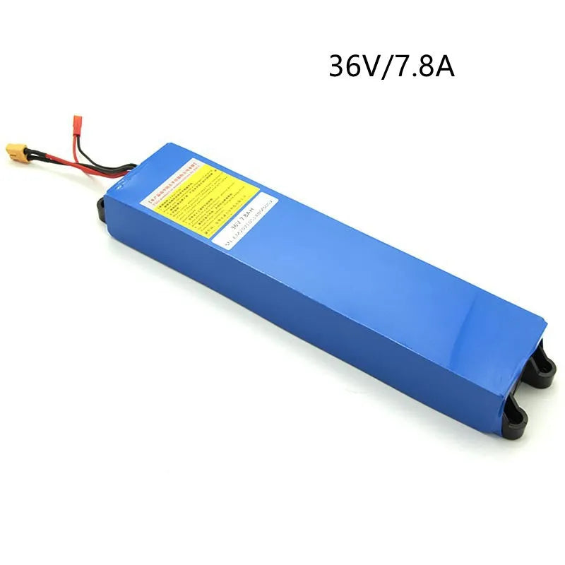 36V electric scooter lithium battery pack showing three capacity options: 10.4Ah, 7.8Ah and 6.6Ah