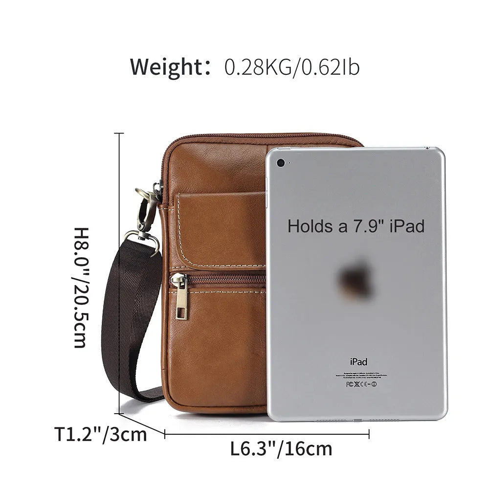 Men's brown leather crossbody shoulder bag with decorative stitching