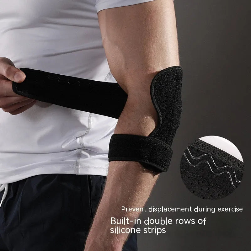 Black adjustable sports elbow guard for adult training and multiple sports.