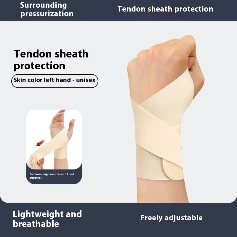 Adjustable black athletic wristguard shown fastened on a wrist.