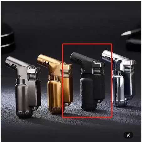 Full metal windproof punch lighter in black, gold, gray, or silver, showing its 72mm length.