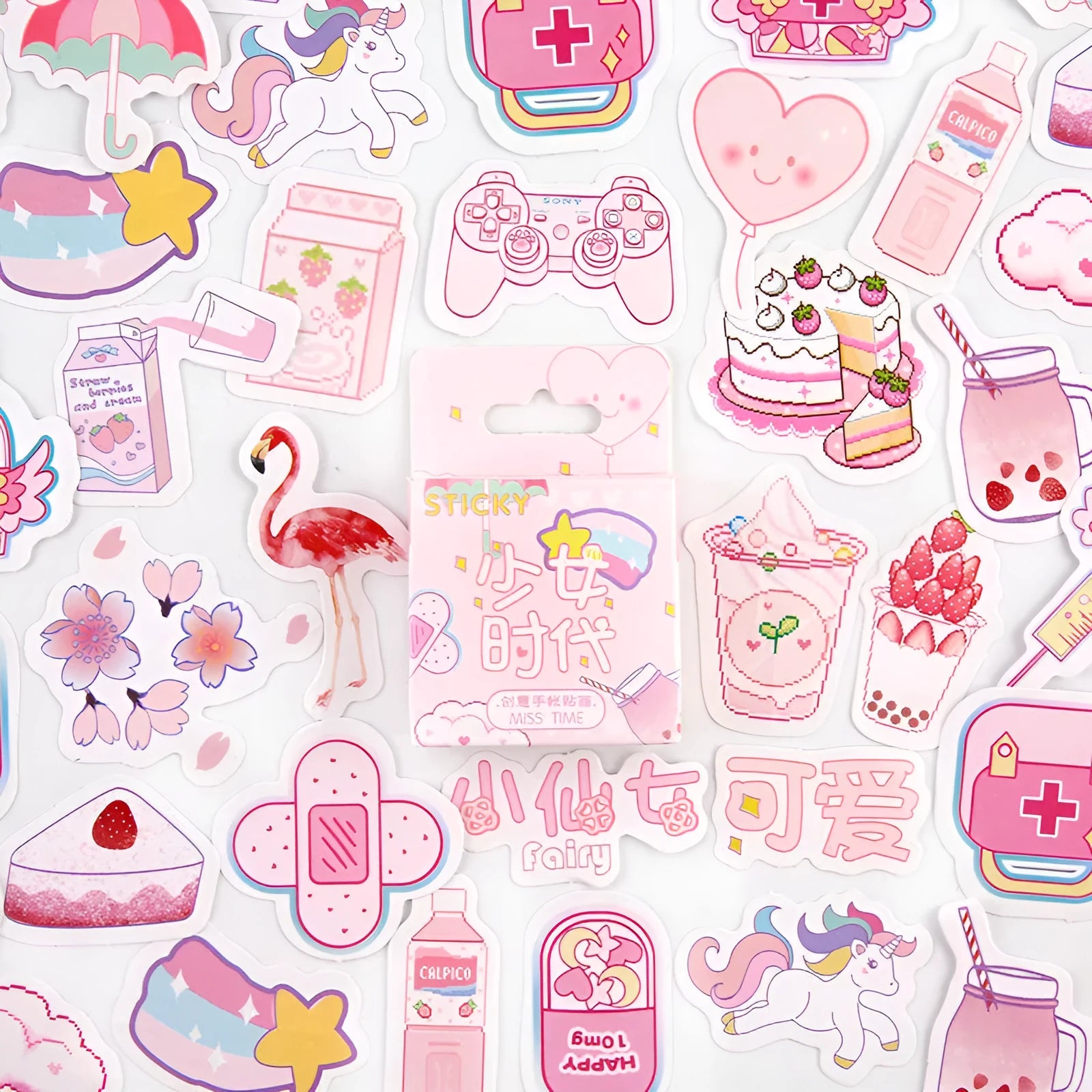 Open box showing 46 small cartoon pattern stickers for journal decoration, themes include Girlhood and Bubble Comic.