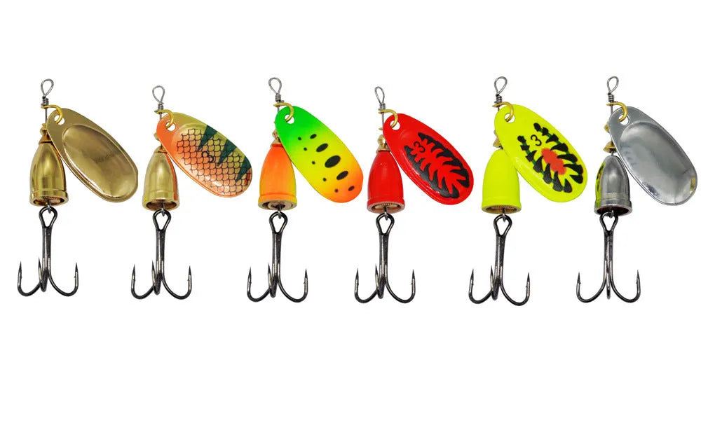 R composite rotating sequins copper bell fishing lure in metallic colours including gold, silver, and rose gold