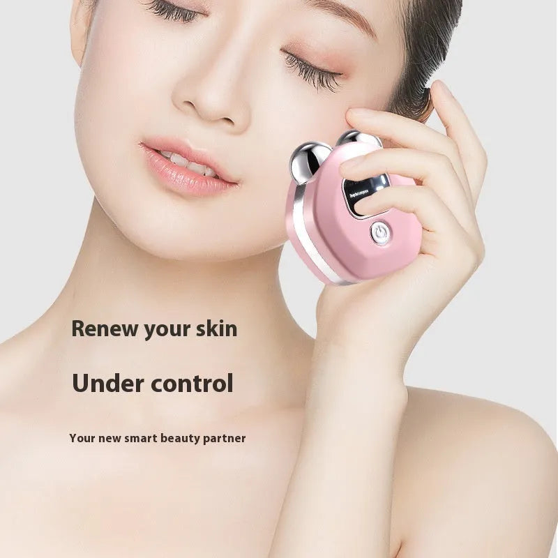 Portable hot compress charging massage instrument with micro current double rollers in white, light blue, or pink