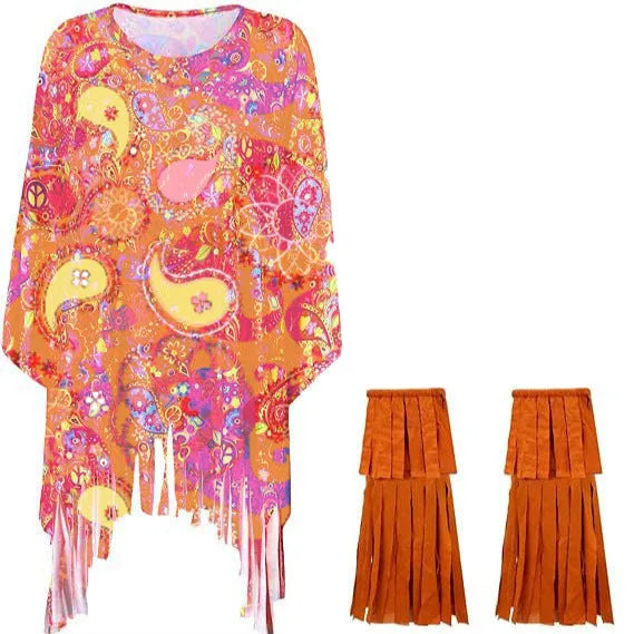 Tie dye cloak costume with bell sleeves in rainbow printed pattern spandex fabric
