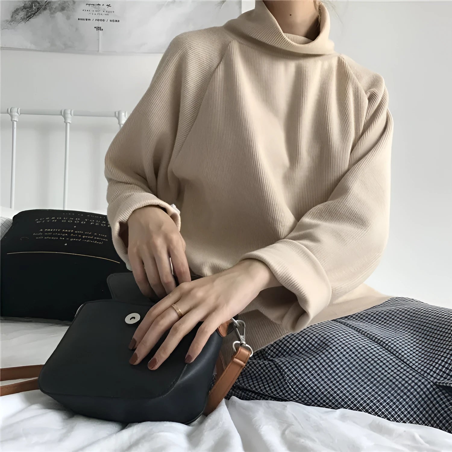 Women's half-high collar long sleeve top in solid colour with loose fit design