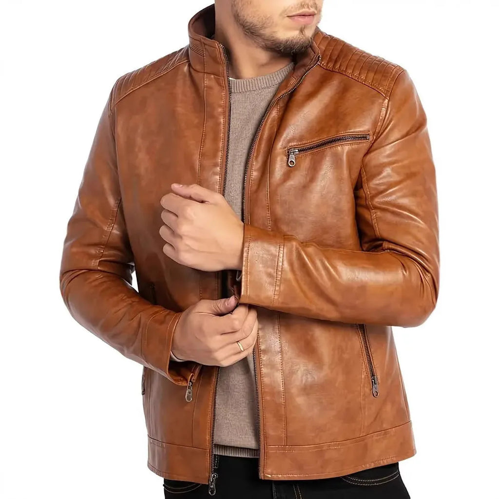Men's brown punk-style artificial leather motorcycle jacket with a stand collar and patch pockets.