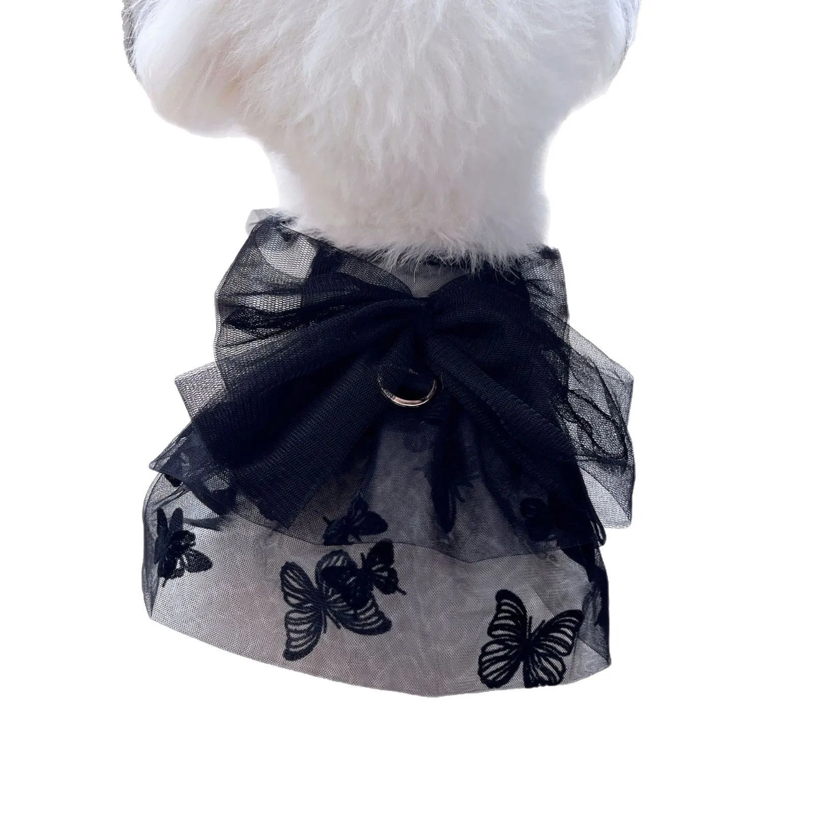Black princess tulle skirt dress for a small dog or cat on a mannequin, showing the gauze material.