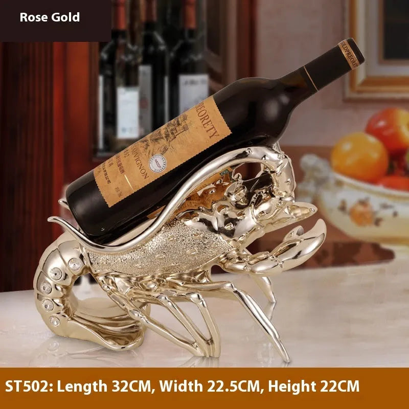 Lobster-shaped wine rack theme ornament in rose gold or silver resin and plastic finish on a shelf.