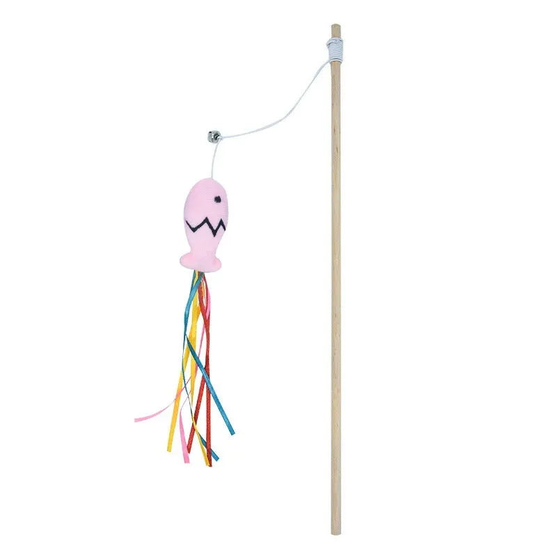 Cat wand toy with colourful ribbons, catnip fish attachment, and bell on wooden handle