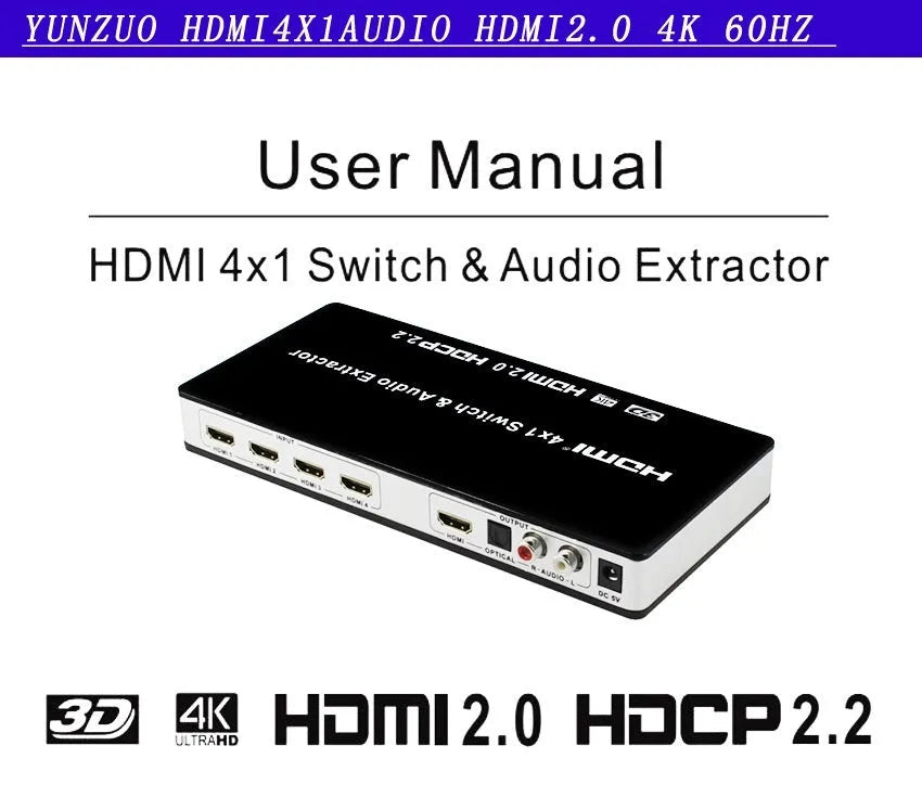 Black HDMI switch with four inputs one output remote control for 4K video switching