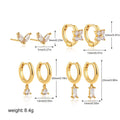 Geometric square zircon copper earrings for women in four-piece set with gold electroplated finish showing star and quadrilateral designs