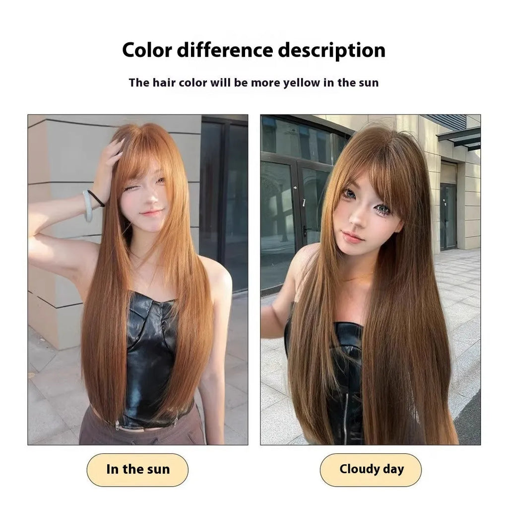 Warm brown long straight synthetic wig with bangs on display stand