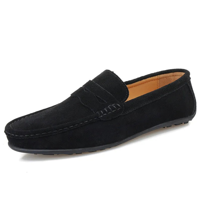 Men's suede leather slip-on loafers in various colours with a flat rubber sole and round toe