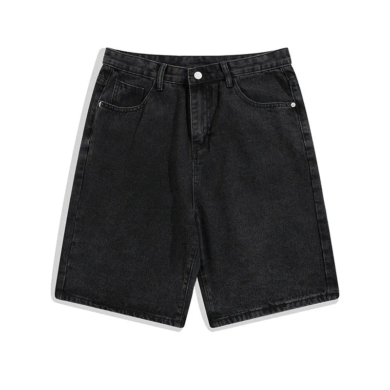 Man modelling light blue denim shorts with a straight-leg cut and zip fly, shown from the front.