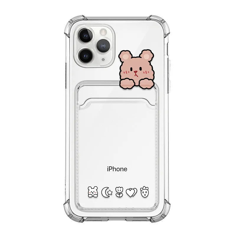 Transparent cartoon design phone case with card holder for Apple iPhone models