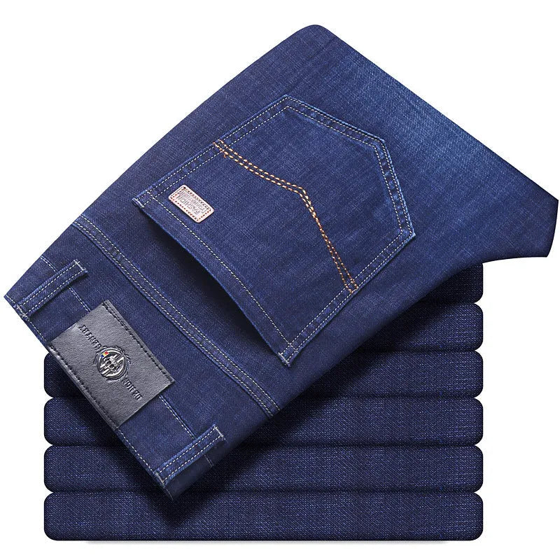 Stretch jeans in straight-leg trousers style showing black and blue denim options with mid-waist design