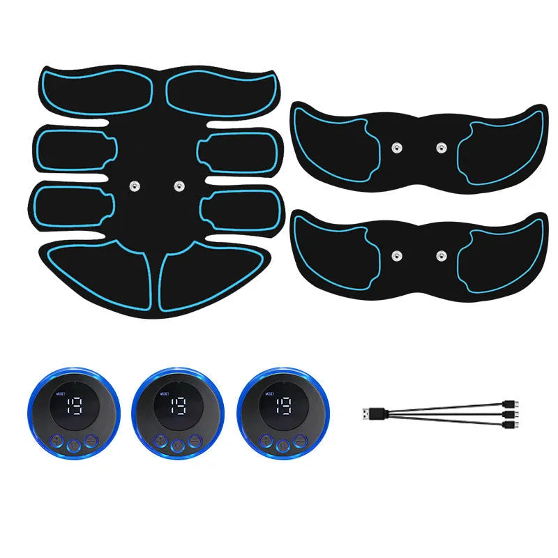 Abdominal muscle stimulation patch with digital display and three-piece design for six-pack massage