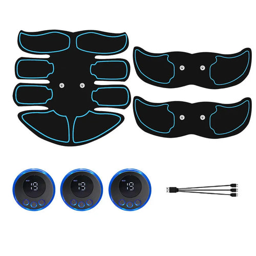 Abdominal muscle stimulation patch with digital display and three-piece design for six-pack massage