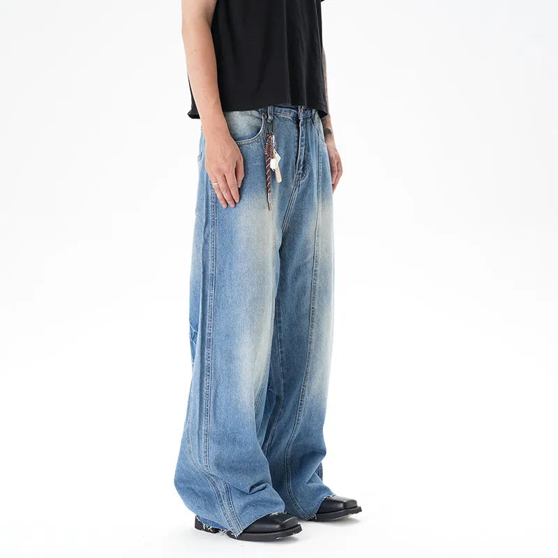Light blue vintage washed wide leg jeans with zipper closure on mannequin