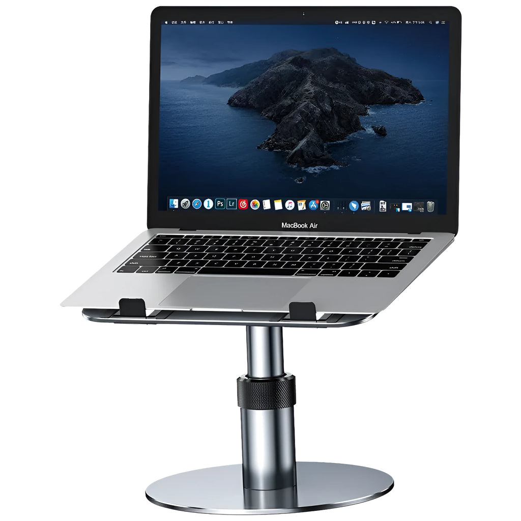 Aluminium car laptop stand in silver, showing adjustable height and rotating base with non-slip silicone pads.