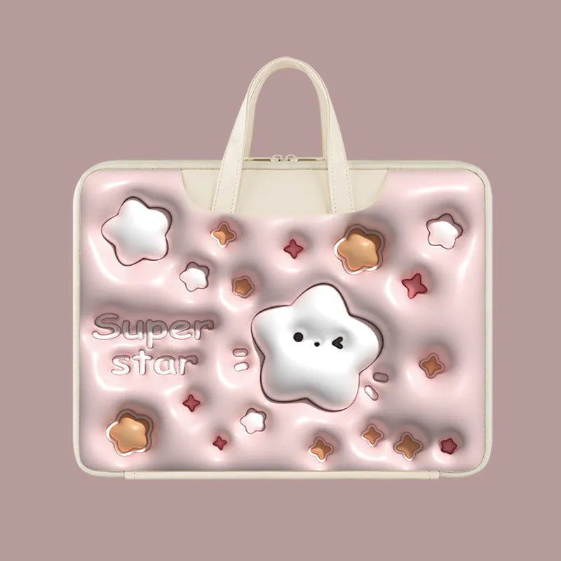 Inflatable PU leather laptop bag with hanging strap shown in a cute panda pattern design.