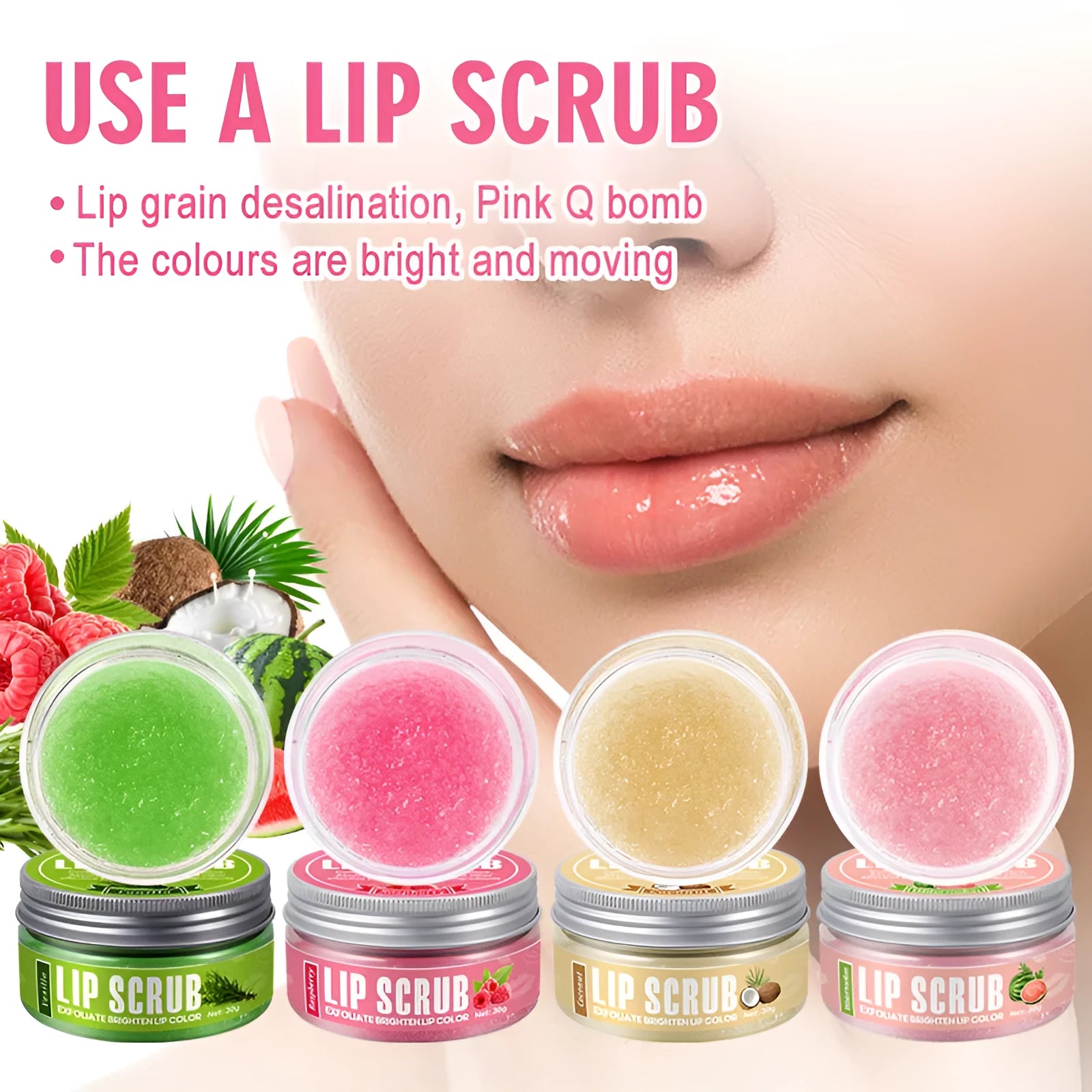 30g fruit flavour lip scrub cream in coconut, raspberry, vanilla, and watermelon options