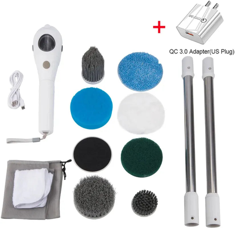 White lithium rechargeable handheld cleaning ball with brush and accessories on a white background.