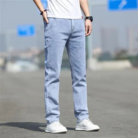 Men's smoky grey rabbit fur jeans with straight cut and low waist design