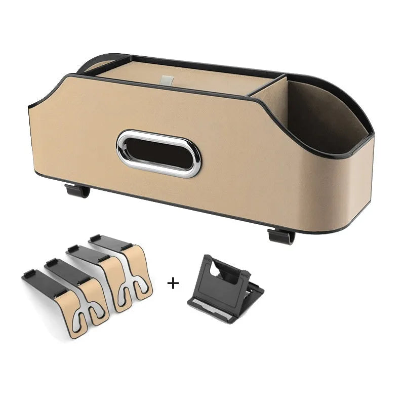 Genuine leather car tissue box holder with cup holder and buggy storage compartments