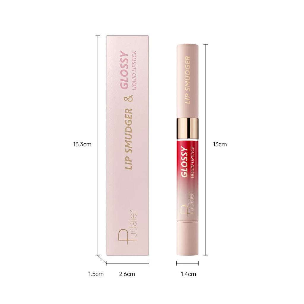 Double-headed lipstick showing matte finish on one end and matching gloss on the other
