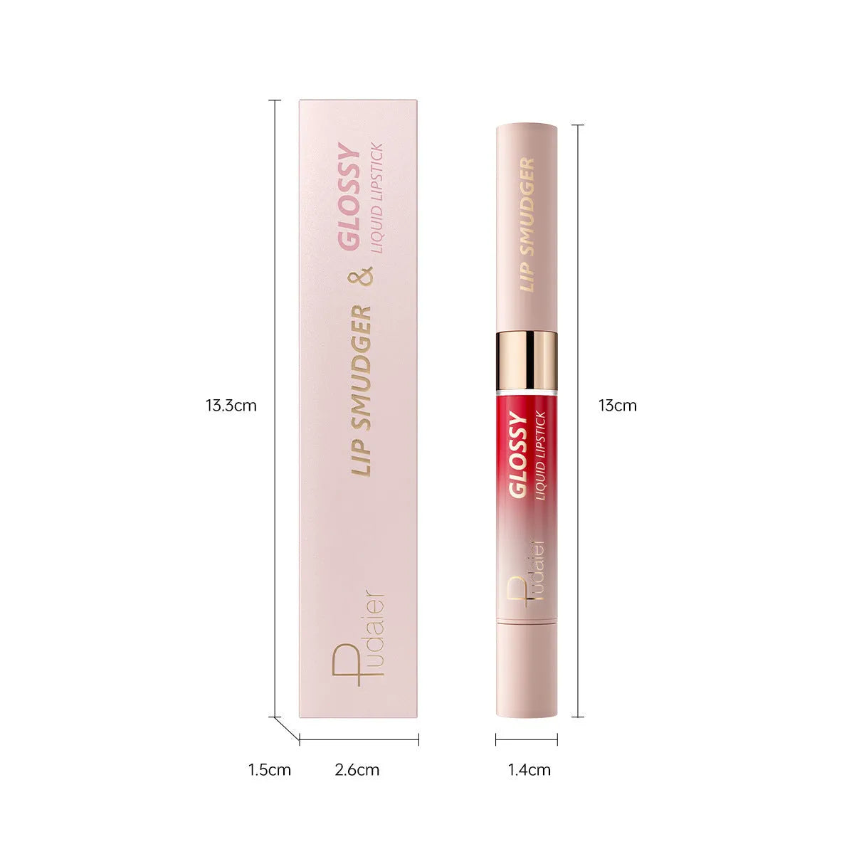 Double-headed lipstick showing matte finish on one end and matching gloss on the other