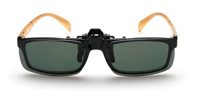 Myopia clip-on driving sunglasses with PC lenses in grey, green, and night vision options.