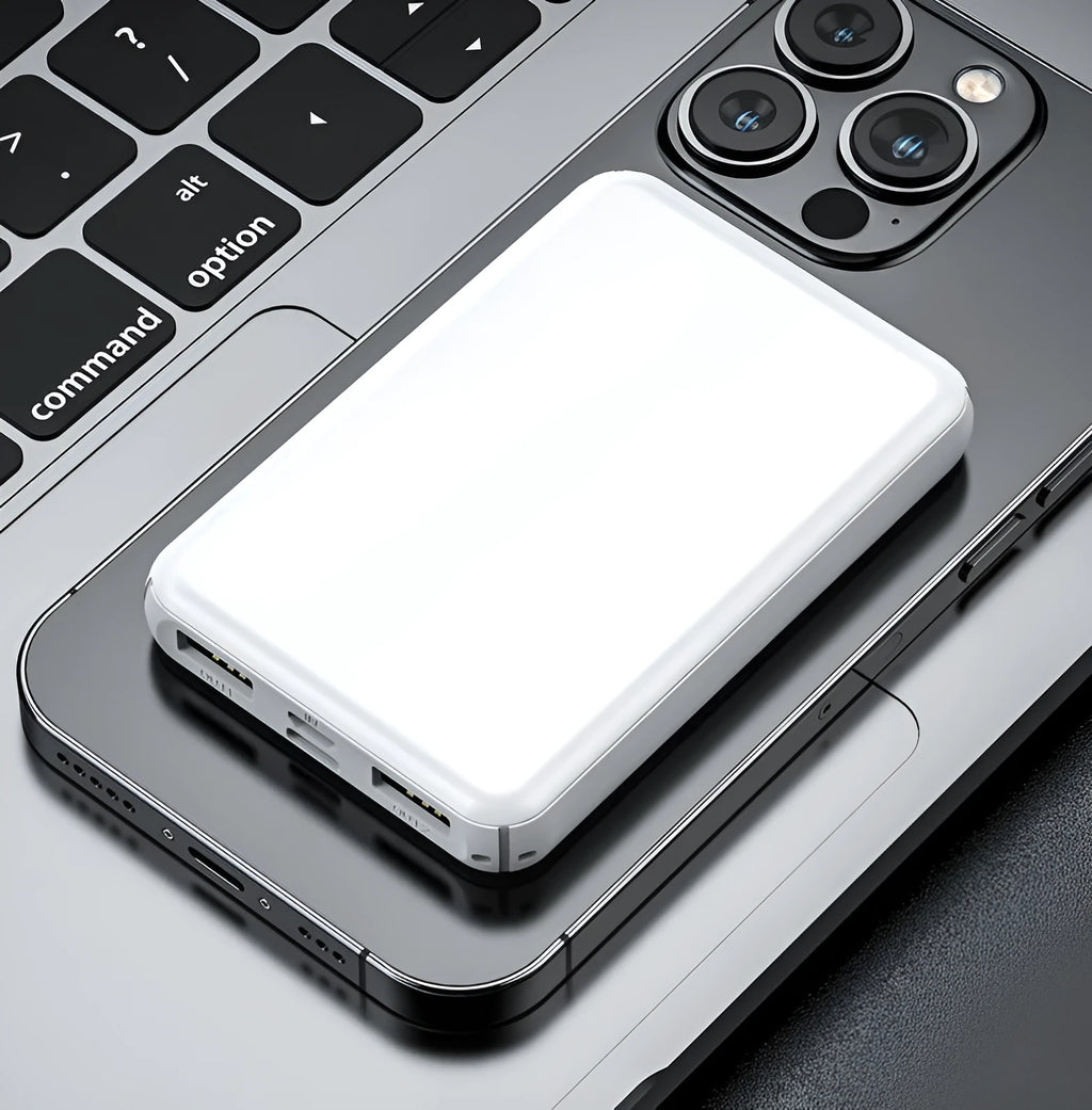 Black and white universal USB power bank for heated vests, showing compact size