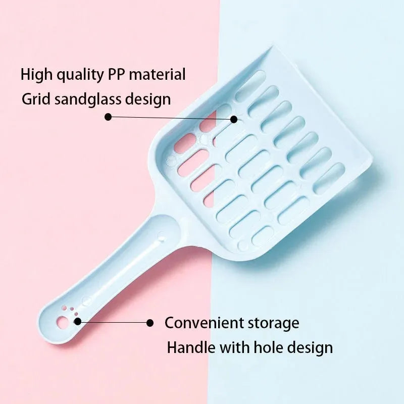 Blue plastic cat litter scoop for cleaning litter trays, 20cm long.