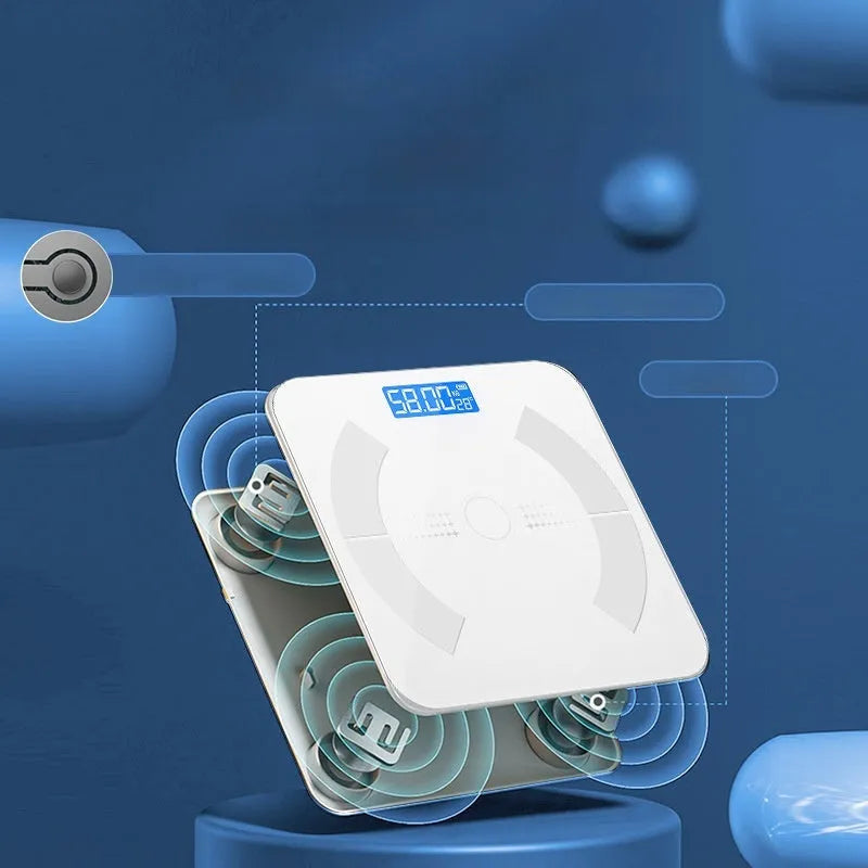 White Bluetooth body fat scale on bathroom floor showing weight, body fat, water and calorie measurements