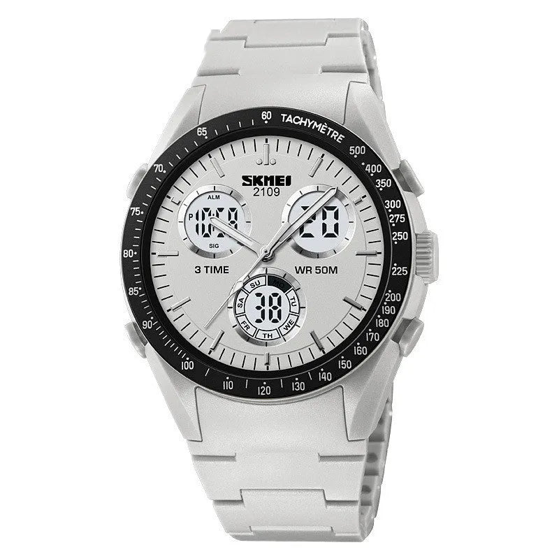 Electronic casual watch with camouflage patterned strap and resin mirror face, showing stainless steel button.