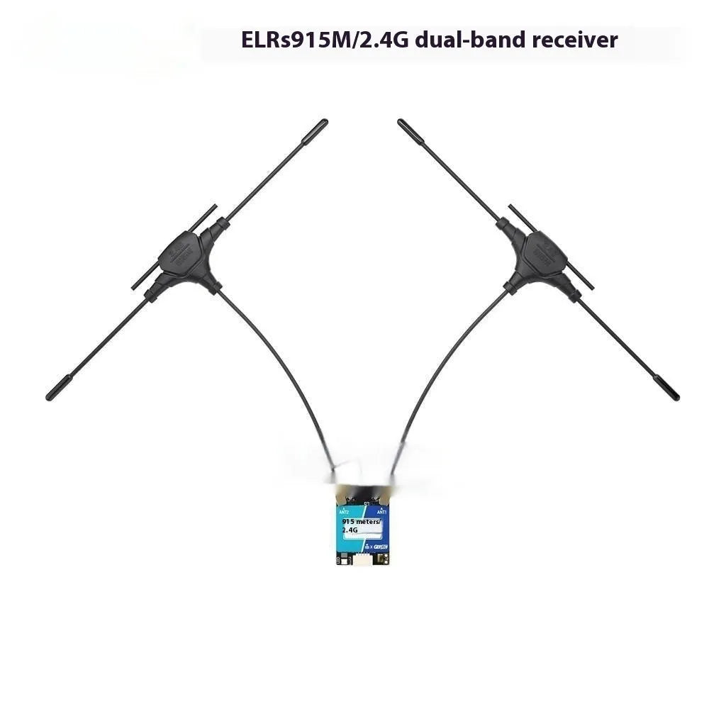 ELRS dual-frequency FPV receiver with T-shaped antennas and installation accessories for RC drone control