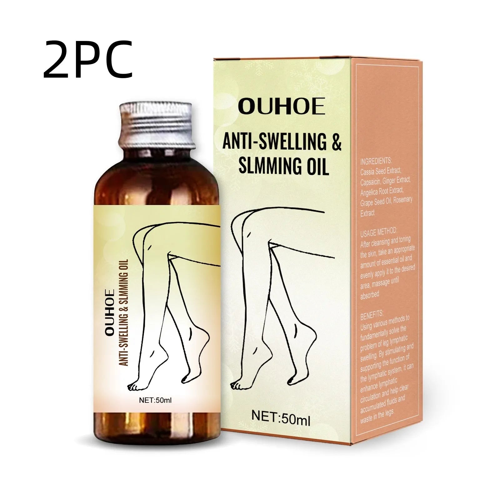 50ml bottle of botanical essential oil for body skin moisturising and leg massage.