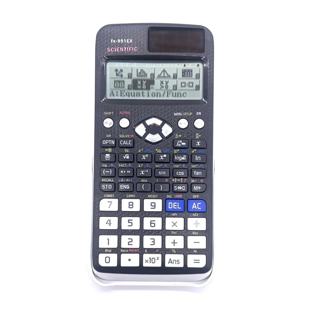 Scientific calculator with natural display in black, blue, or pink options for complex statistics