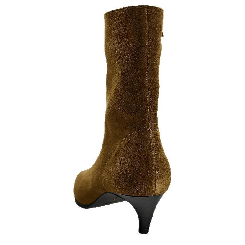 Brown square toe mid calf boots with a kitten heel and side zipper on a white background.