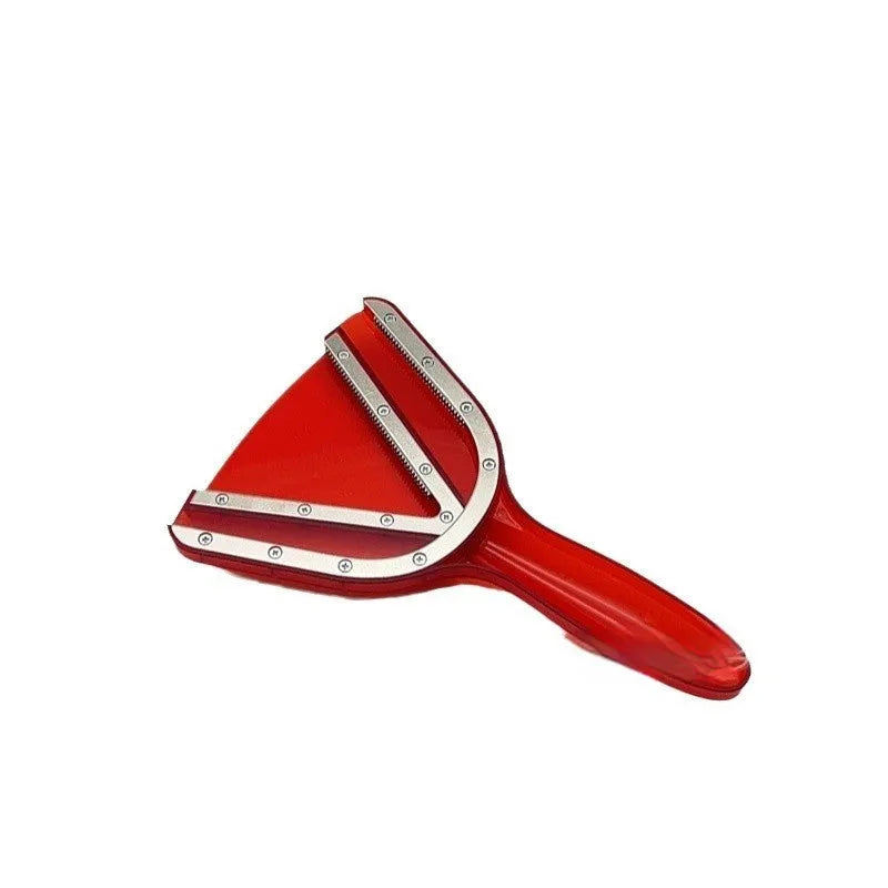 Red adjustable telescopic can opener and bottle opener with non-slip handle on a kitchen counter.