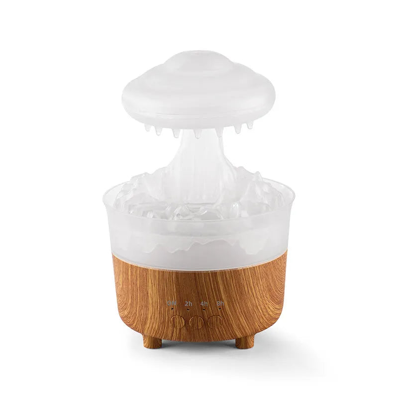 Wood grain white rain cloud shaped ultrasonic humidifier and essential oil diffuser with LED night lights.