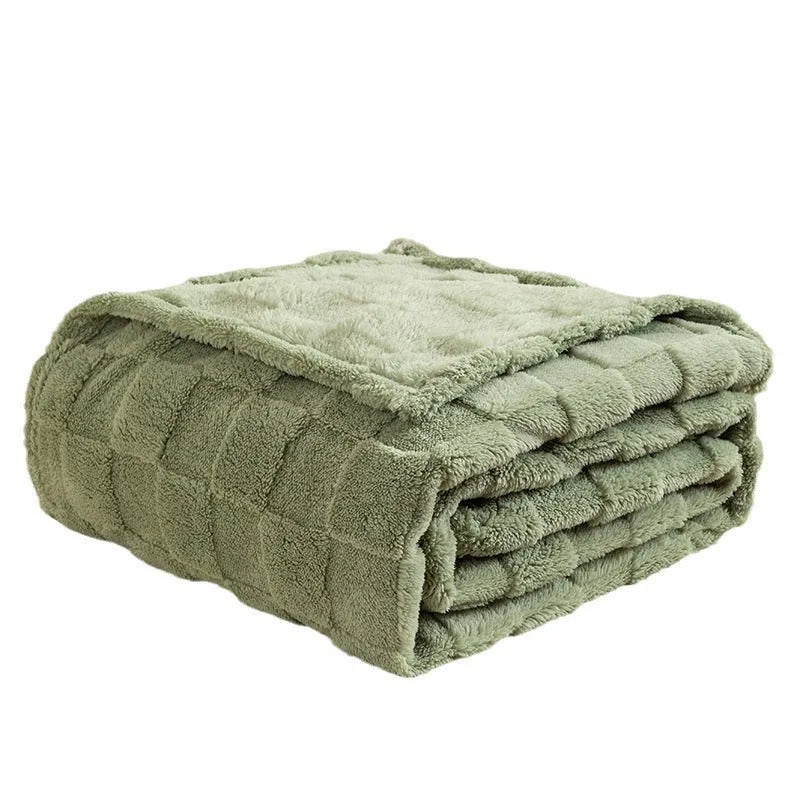Geometric patterned polyester blanket in milky white showing cotton velvet texture and thickened construction