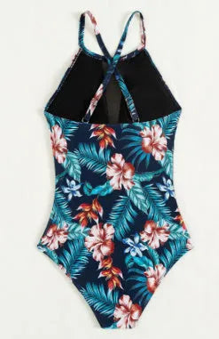 Women's deep V-neck one-piece swimsuit in polyester with gradient print design
