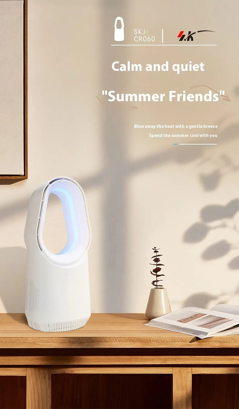 SK white bladeless tower fan with remote control on desktop