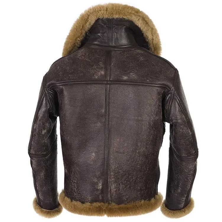 Men's brown retro-style synthetic fur coat with side pockets on a neutral background.