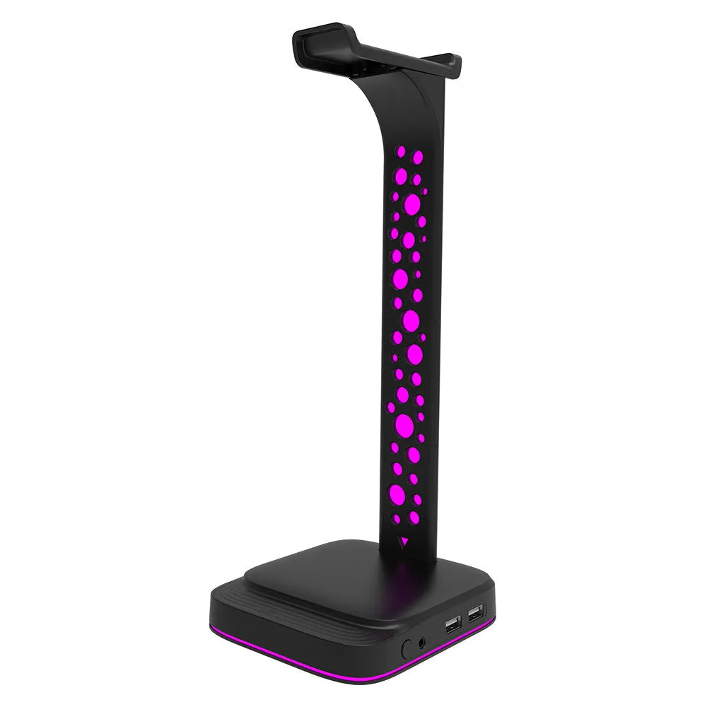 Acrylic RGB headset display stand with dual USB ports and colour-changing lights, holding a pair of headphones.